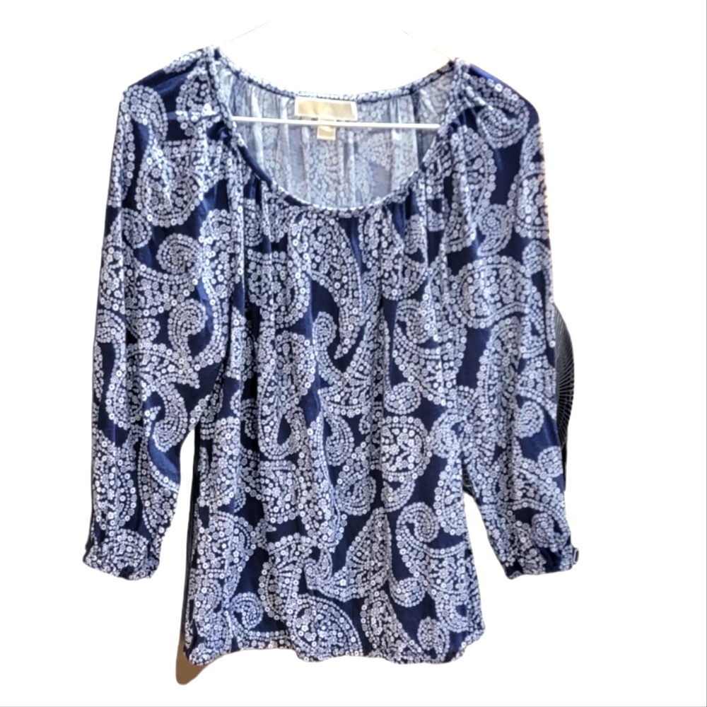 MICHAEL KORS Navy and White Scoop Neck Blouse